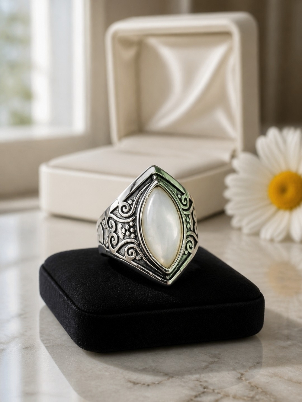 Marquise Moonstone Sterling Silver Filigree Ring Size 5